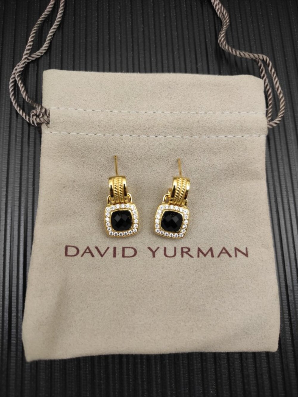 David Yurman Gold and Black Square Diamond Buttoned Earrings